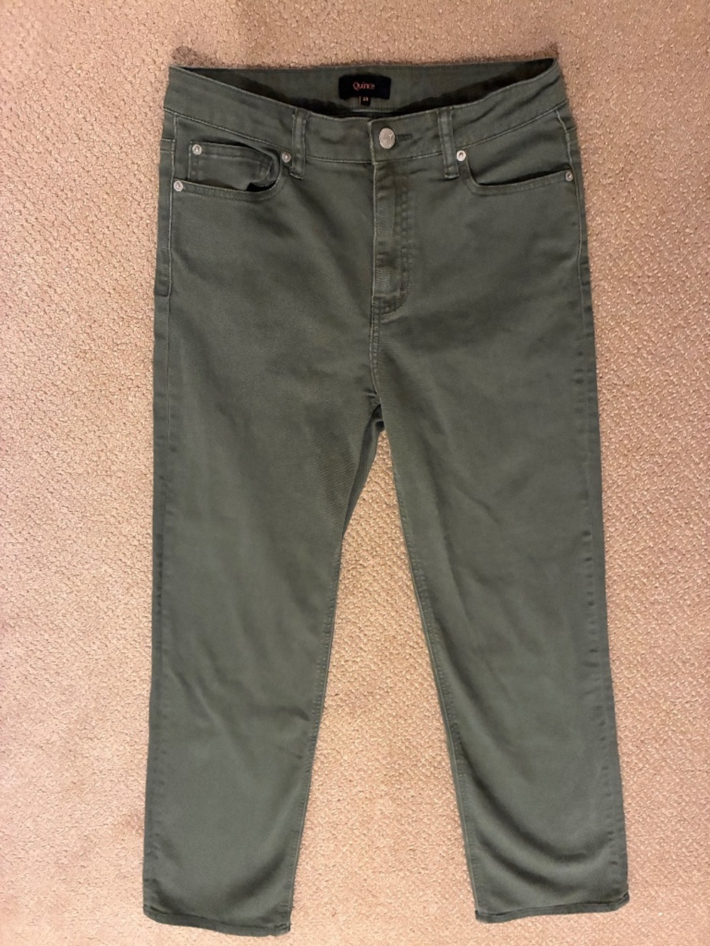 Beautiful Quince Bella Stretch Straight Jeans in Loden Green/Olive, size 29